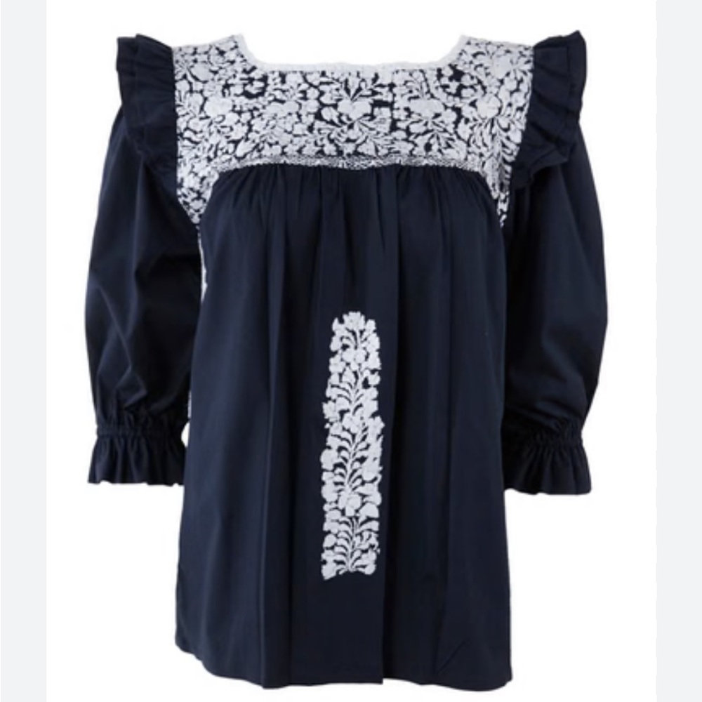 COPY - Mi Golondrina Top Fernanda Cotton Floral Embroidered navy